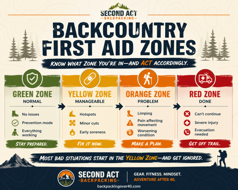 backpacking first aid for beginners and those over 40. Infographic of the 4 zones of decision making for first aid
